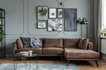 Art Wall Gallery: Trendy Posters in Elegant Grey Living Room with Brown Corner Sofa