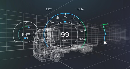 Naklejka premium Image of speedometer over electric truck project on navy background