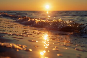 Sunset On The Sea. Beautiful Dawn with Sun Rising over Beach - obrazy, fototapety, plakaty