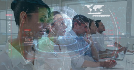 Image of globe and data processing over diverse business people