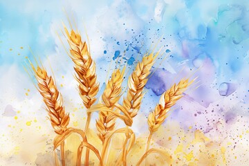 Fototapeta premium A painting of four golden wheat stalks with a blue sky in the background
