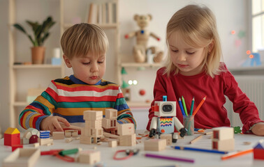 Two children building wooden blocks together, surrounded by crayons and scissors on the table