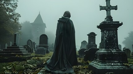 Enigmatic Cloaked Figure Amongst Misty Graves. Concept Mysterious Figure, Misty Graves, Enigmatic Cloak