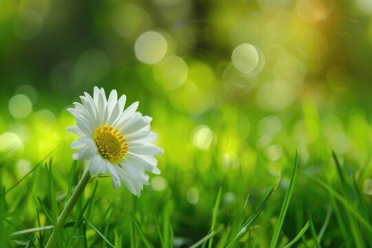 Nature Calm. Beautiful Daisy Flower in Green Grass Field Background