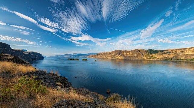 Outdoor River. Columbia River Panorama with Blue Sky and Gorge View