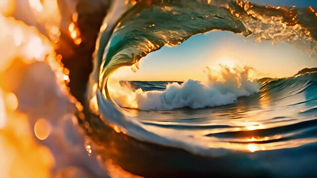 Large blue surfing wave, tube. Seascape live wallpapers. Beautiful slow motion footage. View of ocean tide. Abstract background. Breathtaking sunset view inside ocean wave tunnel