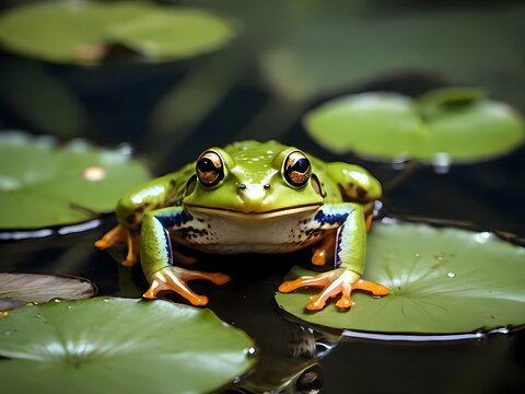 frog in the pond on green leaf 