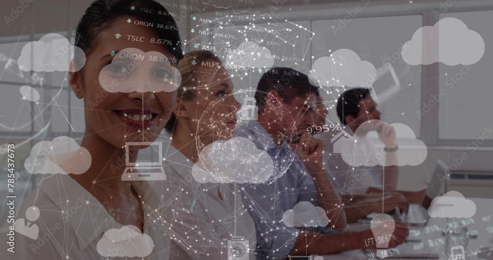 Poster image of globe with digital clouds and data processing over diverse business people