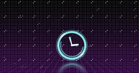 Image of clock moving in violet digital space with dots