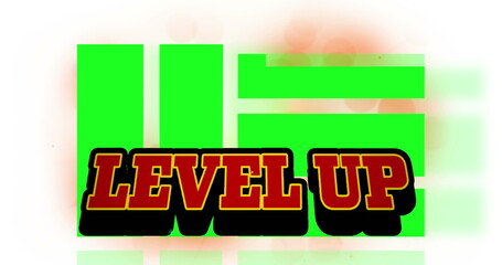 Image of level up over white background with green and orange shapes