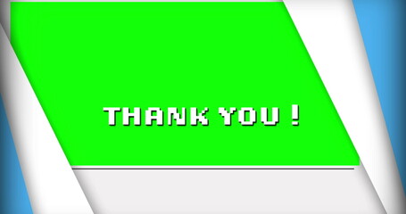 Image of thank you over background with blue and green geometrical shapes