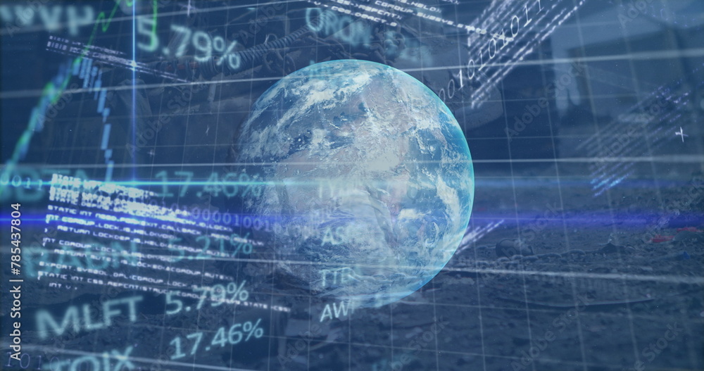 Poster image of financial data and graphs over globe and data processing on blue background