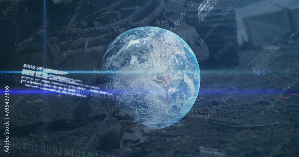 Poster image of financial data and graphs over globe and data processing on blue background