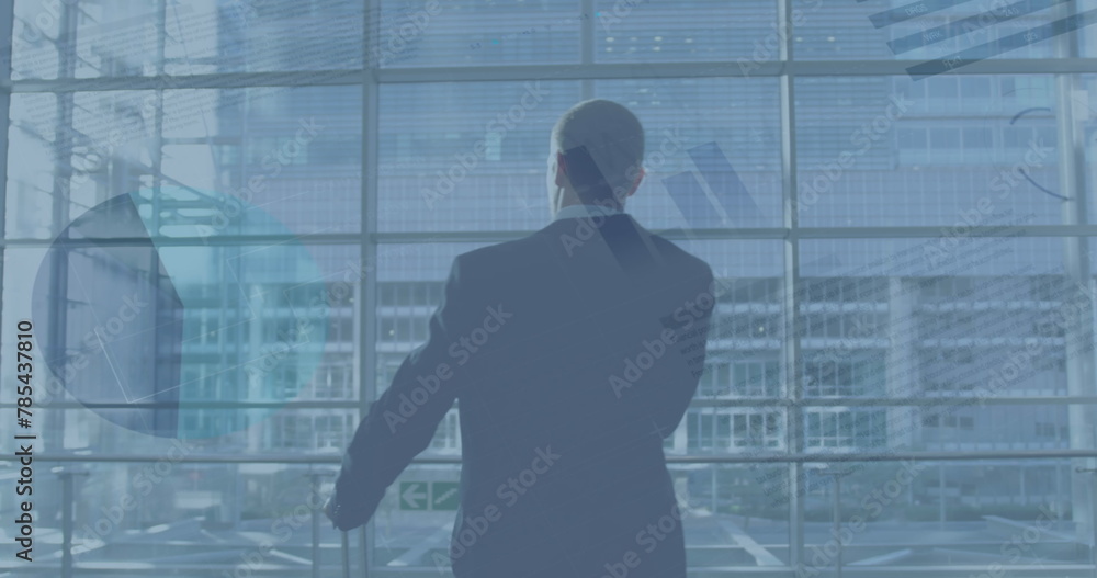 Poster Image of financial graphs over back view of caucasian businessman with suitcase