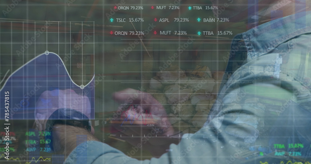 Aufkleber image of financial data and graphs over midsection of caucasian businessman using smartwatch