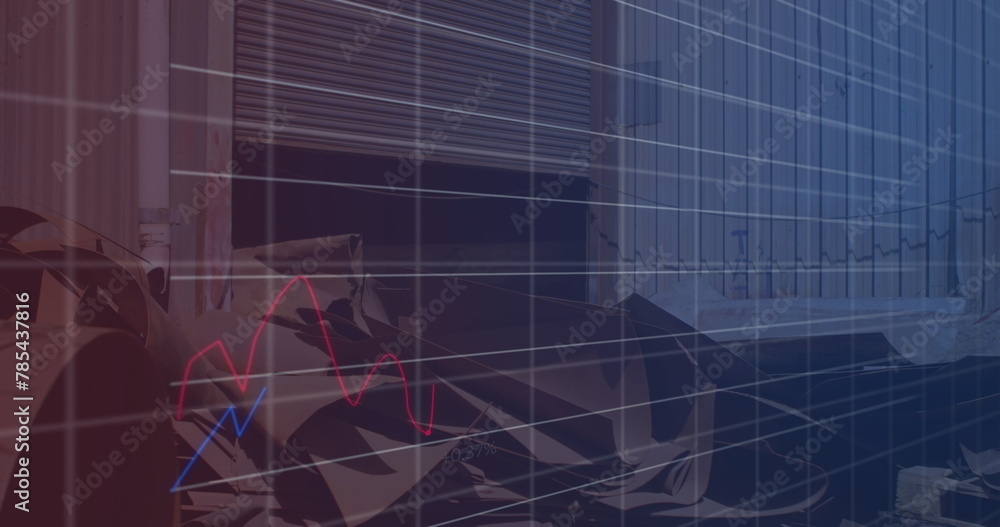 Poster image of financial data and graphs over junkyard