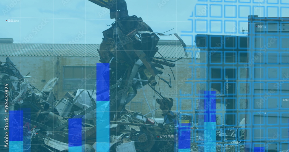 Poster image of financial data and graphs over machines on junkyard