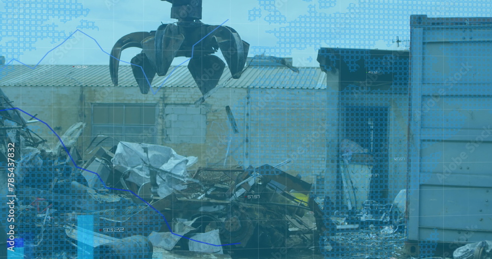 Poster image of financial data and graphs over machines on junkyard