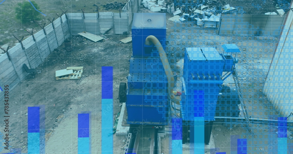 Poster image of financial data and graphs over machines on junkyard