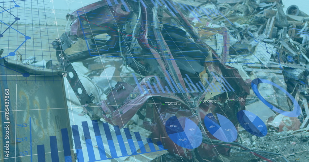 Poster image of financial data and graphs over machines on junkyard