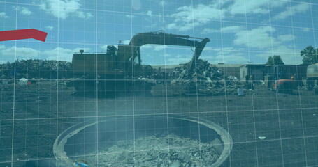 Image of financial data and graphs over machines on junkyard