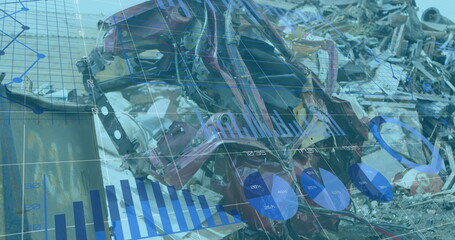 Image of financial data and graphs over machines on junkyard