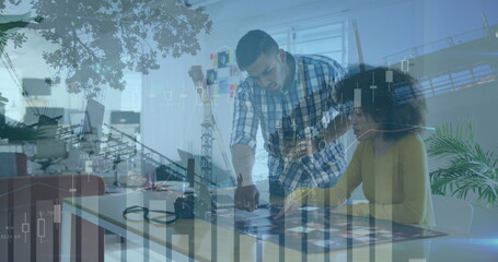 Image of financial data processing over diverse business people in office and cityscape