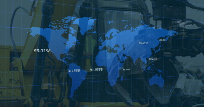 Image of financial data and graphs over machines on junkyard