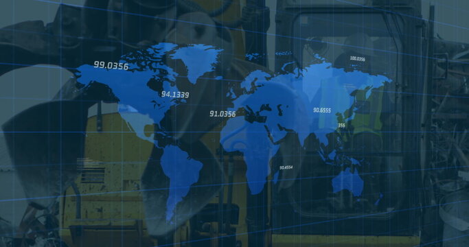 Image of financial data and graphs over machines on junkyard