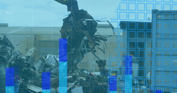 Image of financial data and graphs over machines on junkyard