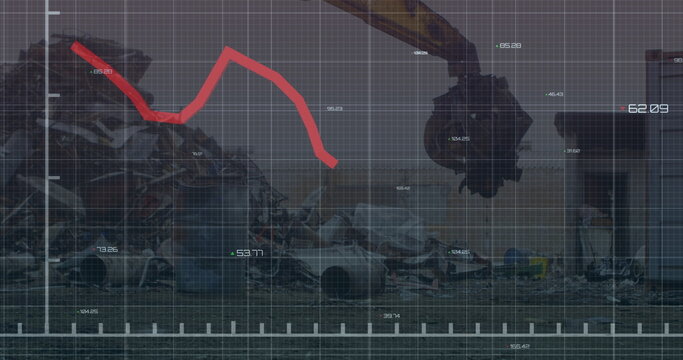 Image of financial data and graphs over machines on junkyard