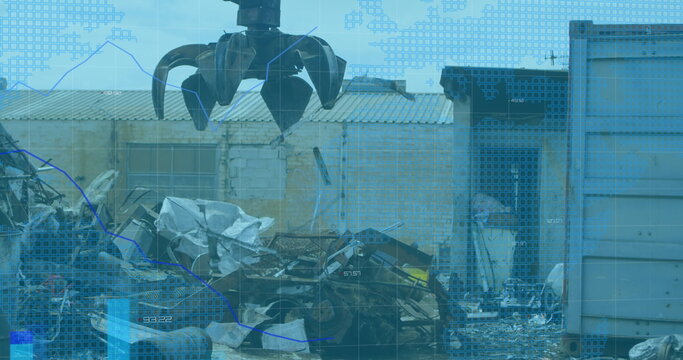 Image of financial data and graphs over machines on junkyard