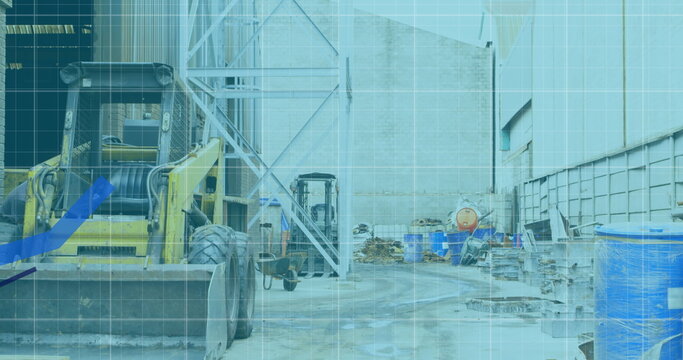 Image of financial data and graphs over machines on junkyard