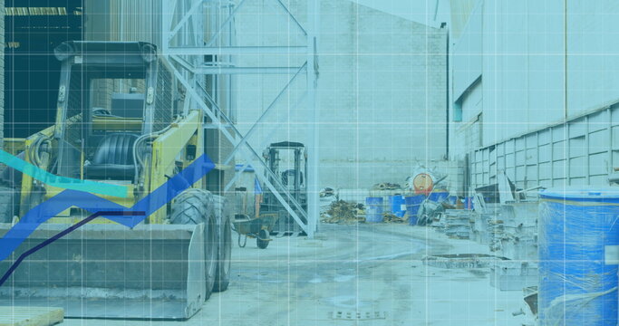 Image of financial data and graphs over machines on junkyard - Powered by Adobe