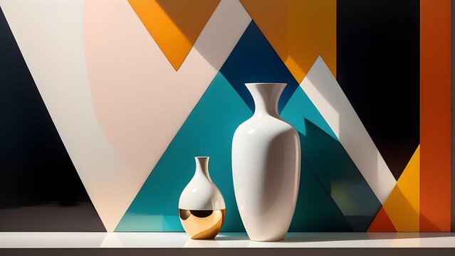 Elegant empty vases on geometric colorful background wallpaper mock-up