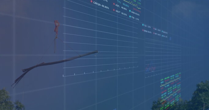 Image of financial data and graphs over machines on junkyard