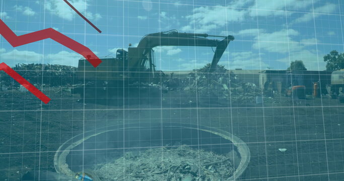 Image of financial data and graphs over machines on junkyard