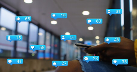 Image of social media reactions connections with road traffic over hands working in warehouse