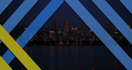 Image of yellow and blue lines covering cityscape