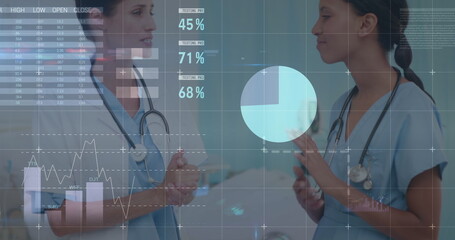 Image of statistics recording over business people using phone headsets