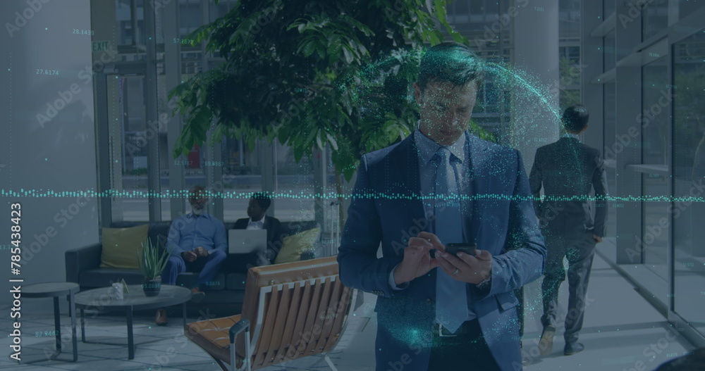 Aufkleber image of financial data over globe and caucaian businessman using smartphone