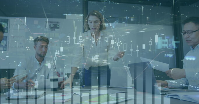 Statistical data processing over group of diverse office colleagues discussing together at office