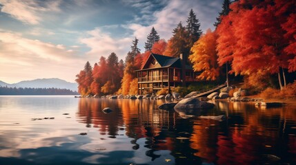 A peaceful cabin retreat on the shores of a secluded lake, the water ablaze with the fiery hues of a breathtaking sunset reflected in the tranquil surface. - obrazy, fototapety, plakaty
