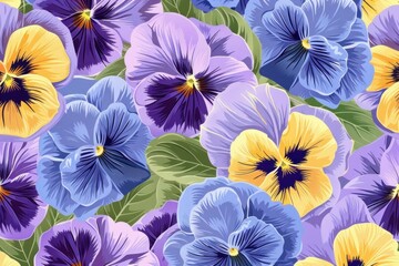 Seamless Purple and Yellow Pansies Pattern on Purple Background for Floral Design and Print Industry