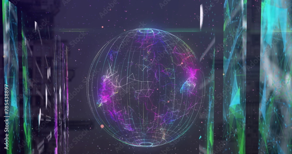 Poster image of globe made of connections and shapes moving over computer hardware