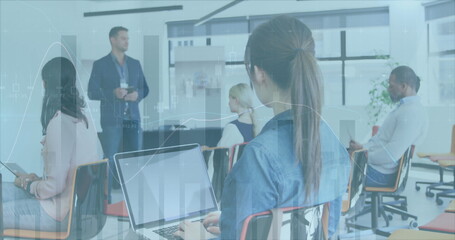 Statistical data processing over caucasian businessman giving a presentation at office