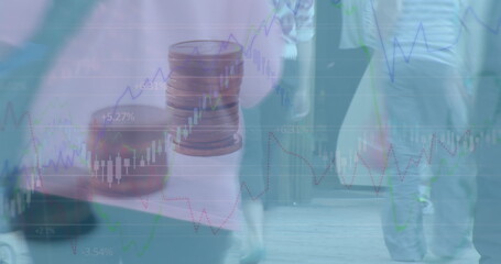 Image of data processing over diverse business people walking