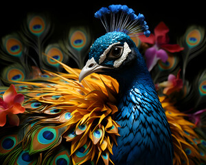 Beautiful peacock on a black background with colorful orchids