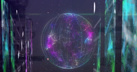 Image of globe made of connections and shapes moving over computer hardware