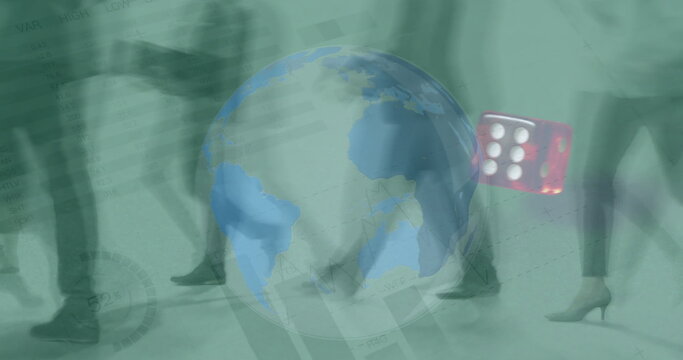 Image of data processing and dice over time-lapse of people walking on the street against globe